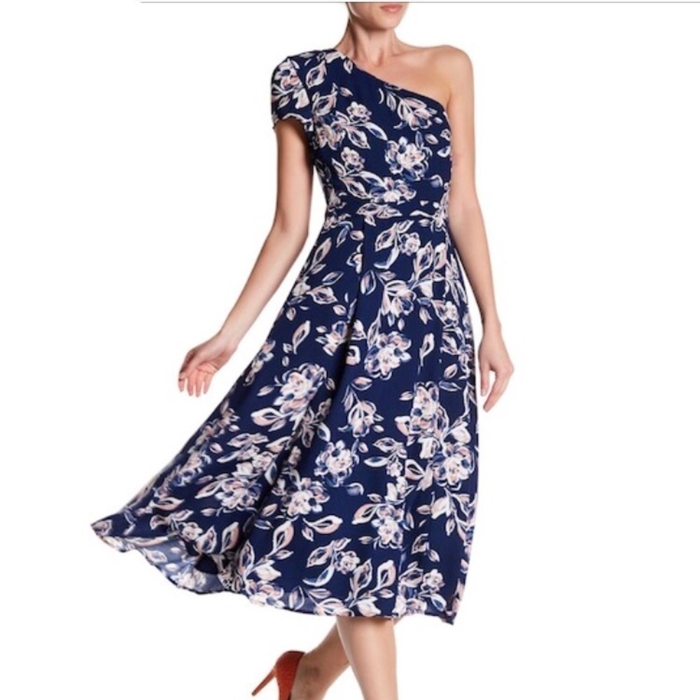 Floral One Shoulder Dress - Navy